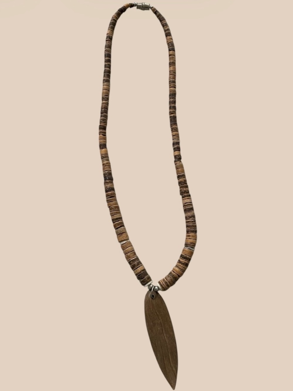 Brown Bead Necklace with Carved Wood Pendant